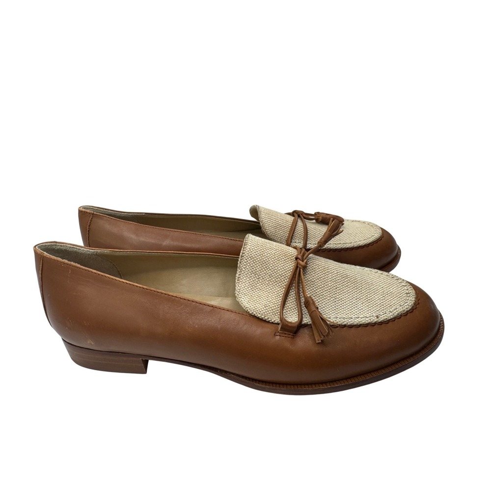 Talbots Womens 7.5W Brown Leather Canvas Tassel Loafers Made in Italy Vero Cuoio